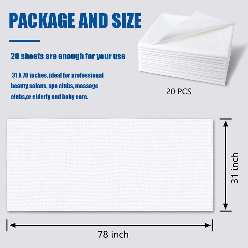 Disposable Bed Sheets for Spa & Massage Tables - Non-Woven Fabric, 31" x 78", White, 20 Pack
