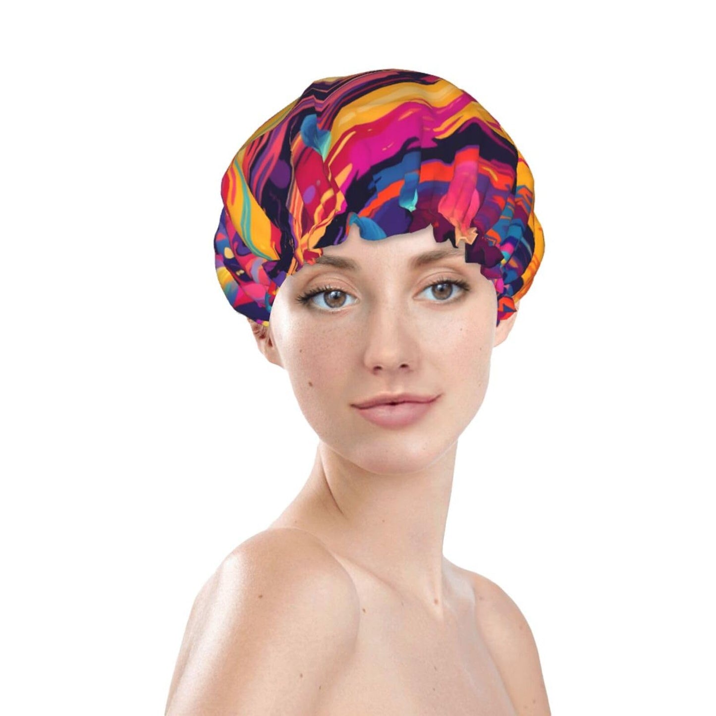 Art Universe Planets Shower Cap for Women Double Layer Waterproof Reusable Shower Caps Adjustable Elastic Band Quick Drying Bath Hair Hat Protector with PEVA Lined for Spa Salon Bathing Hats