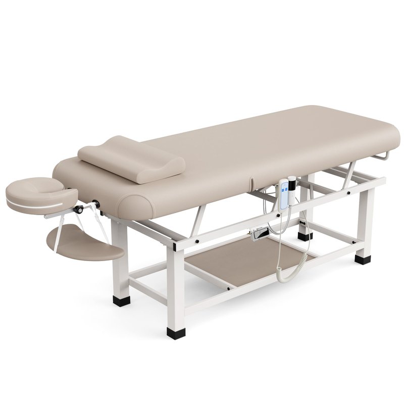 pouseayar Heating Function Heavy Duty Electric Stationary Massage Table with Backrest Adjustable and Storage Space for Treatment/Medical Spa/Facial/Beauty/Massage Bed - 30 x 75 - Beige Gray