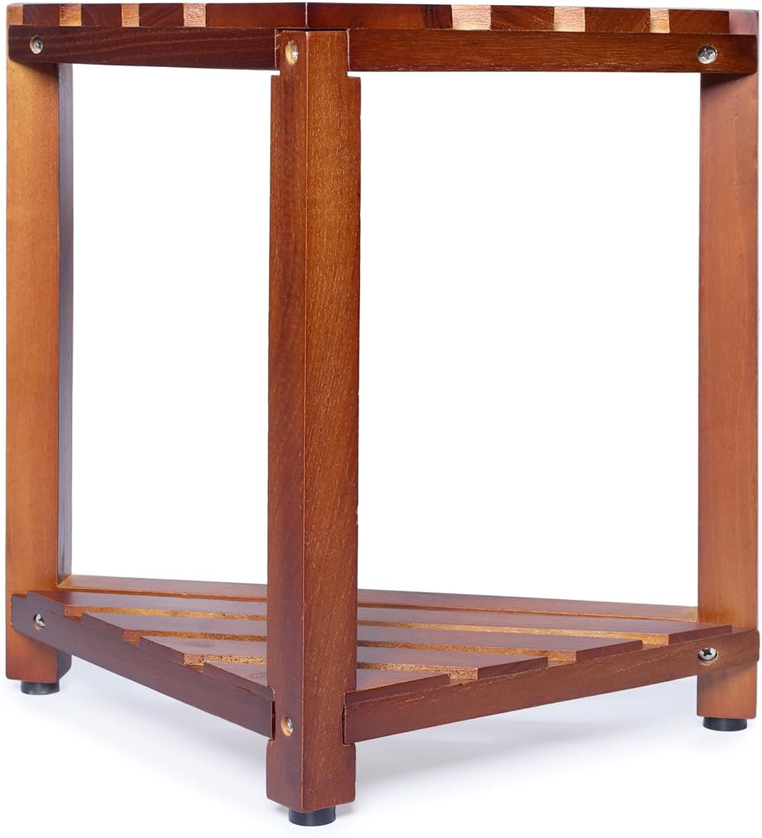 Teak Corner Shower Stool - Waterproof & Stable Shower Bench with Storage Shelf | 12” Height