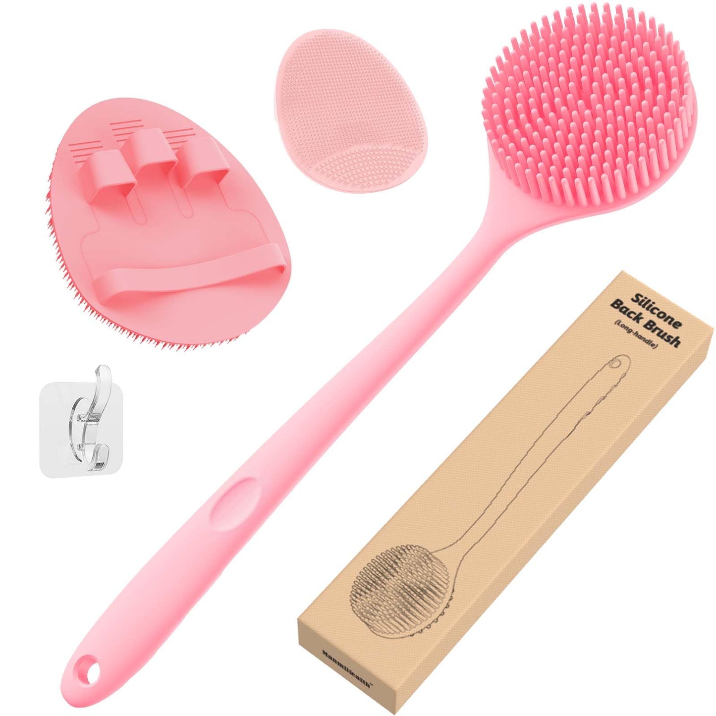 Manmihealth Silicone Back Scrubber (Thick Bristles) & Bath Glove & Face Brush Set (3PCS), Super-Exfoliating & Lathering Body Scrubber, Shower Brush, Face Scrubber Combination, with a Free Hook (Pink)