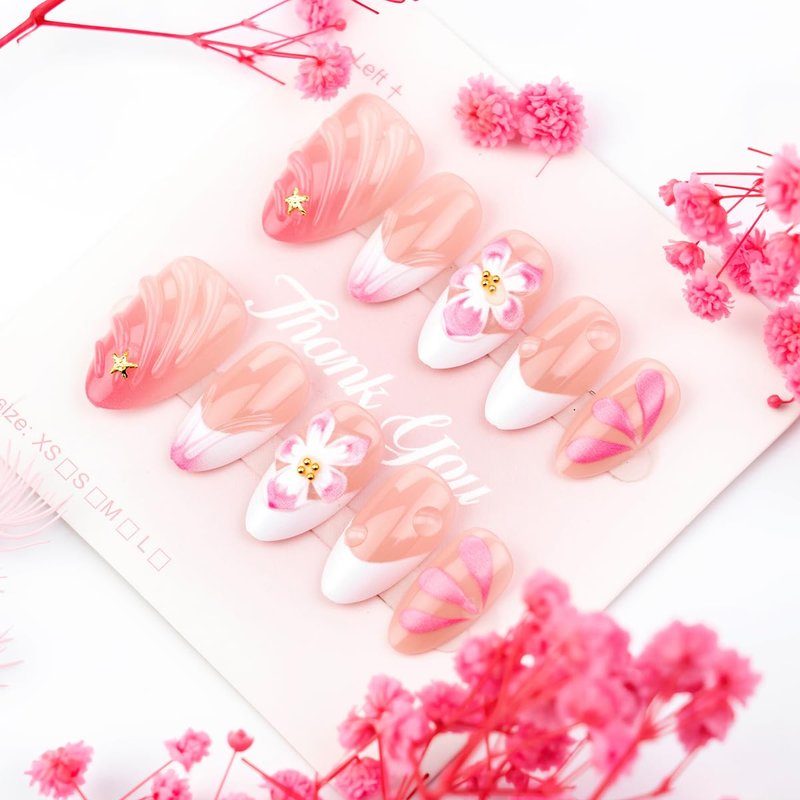 Skiennix 3D Pink Flower Press-On Nails - Nude Pink Gradient French Tip with Gold Starfish Decor | Medium Almond, 30 Pcs