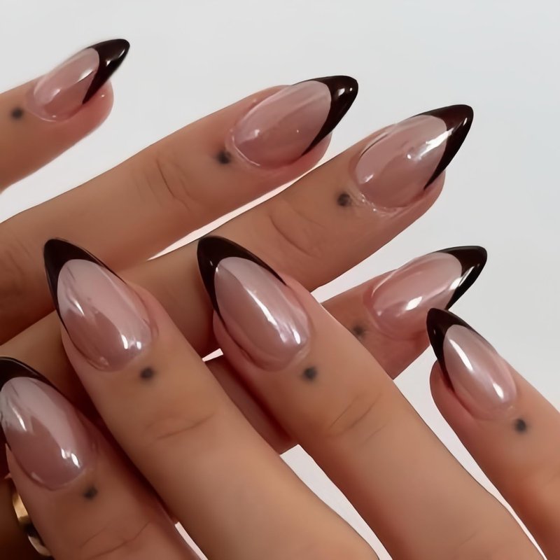 Press-On Nails - Chrome Black French Tip Short Almond | Shiny Soft Gel with Glazed Sparkle Finish, 30 Pcs