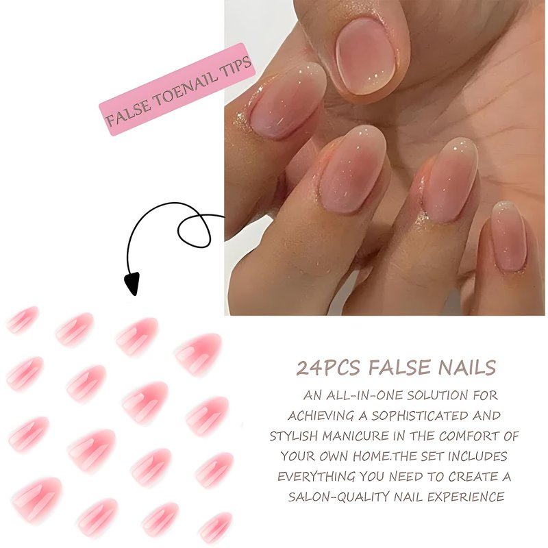 Skiennix 24Pcs Nude Press-On Nails - Short Almond Gradient Design | Glossy Full Cover for Women