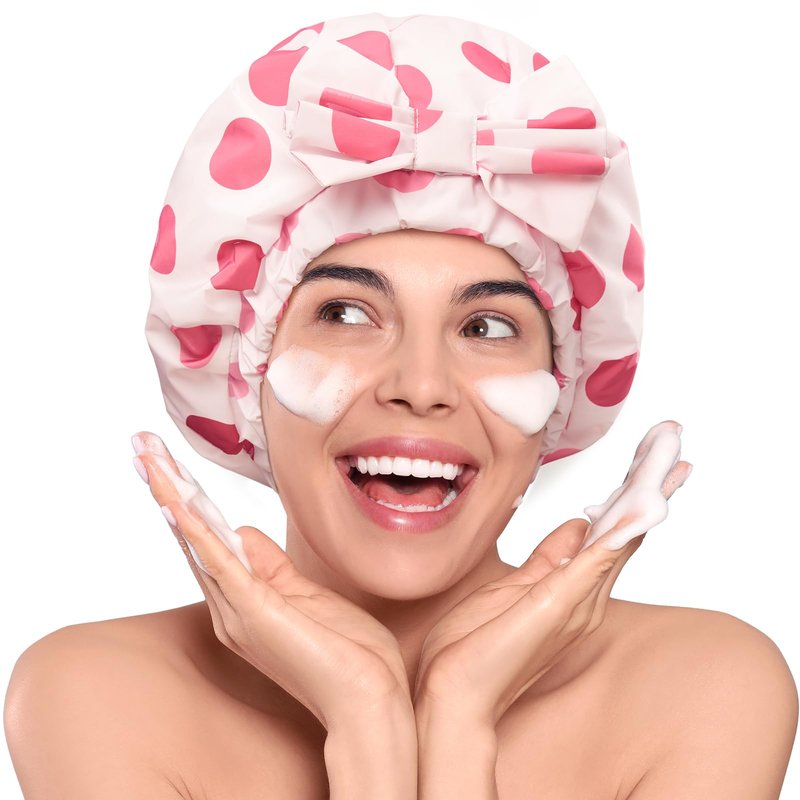 LitBear Luxury Silk Lined Shower Caps for Women Reusable Waterproof, Double Layered Large Bathing Hair Cap with Adjustable Elastic Strap, Non-slip, Quick-dry, for Long Short Hair, Pink Dots