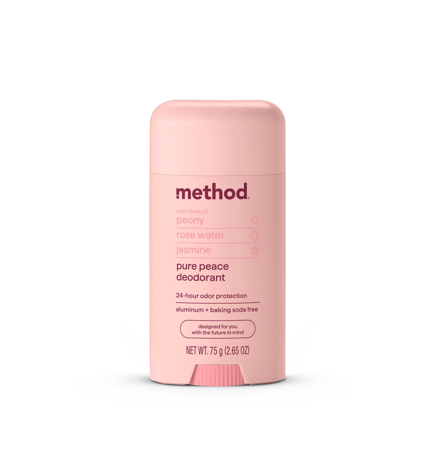 method Deodorant Stick, Pure Peace - 24-Hour Odor Protection, Aluminum & Baking Soda Free, Notes of Peonies, Rose Water & Jasmine, 2.65 oz