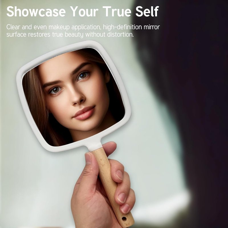 Handheld Makeup Mirror - Portable Wooden Handle Travel Mirror | Square Single-Sided Design for Men & Women