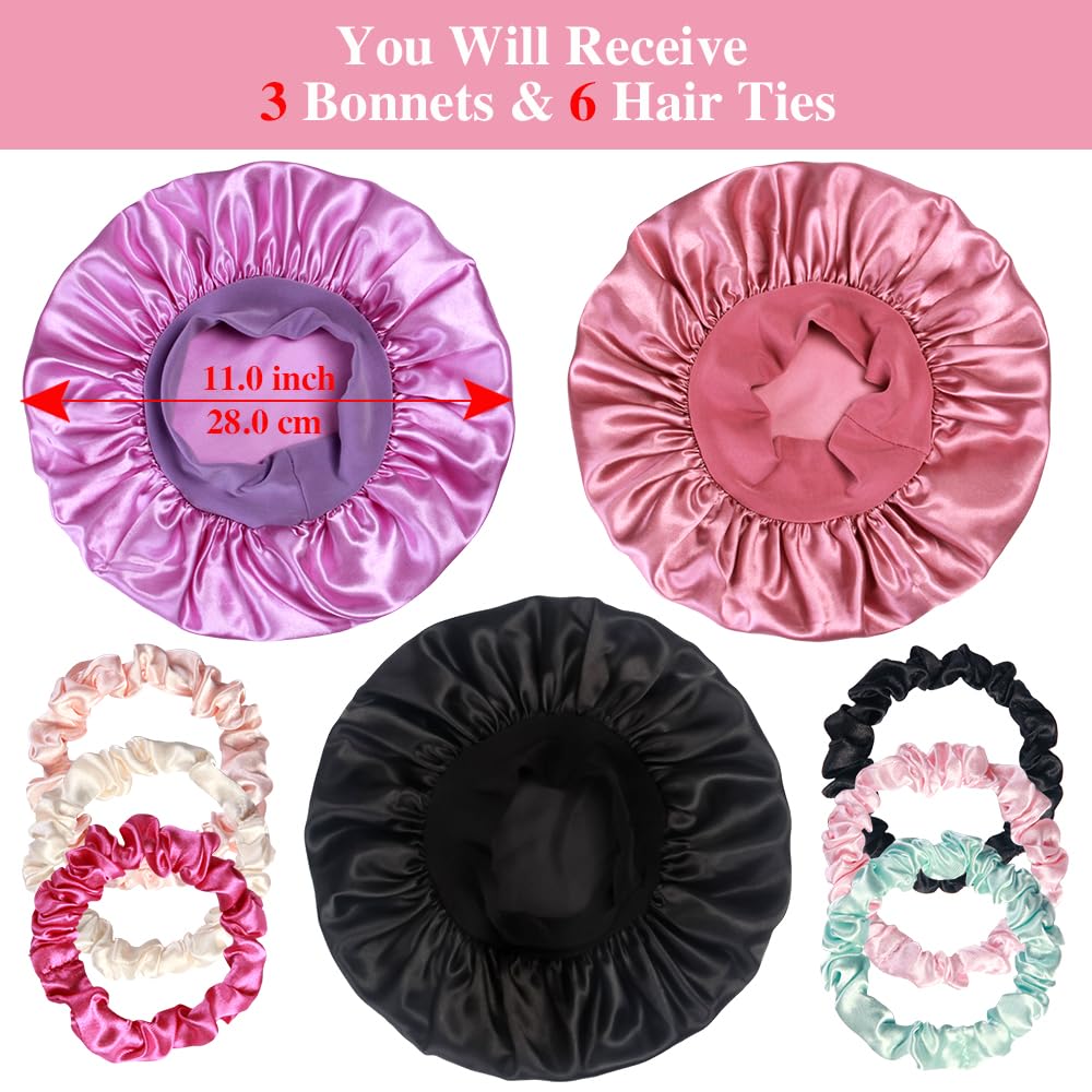 Heniho 3pcs Satin Bonnets for Kids Sleeping, Cute Hair Bonnet with Scrunchies for Girls Curly Hair, C