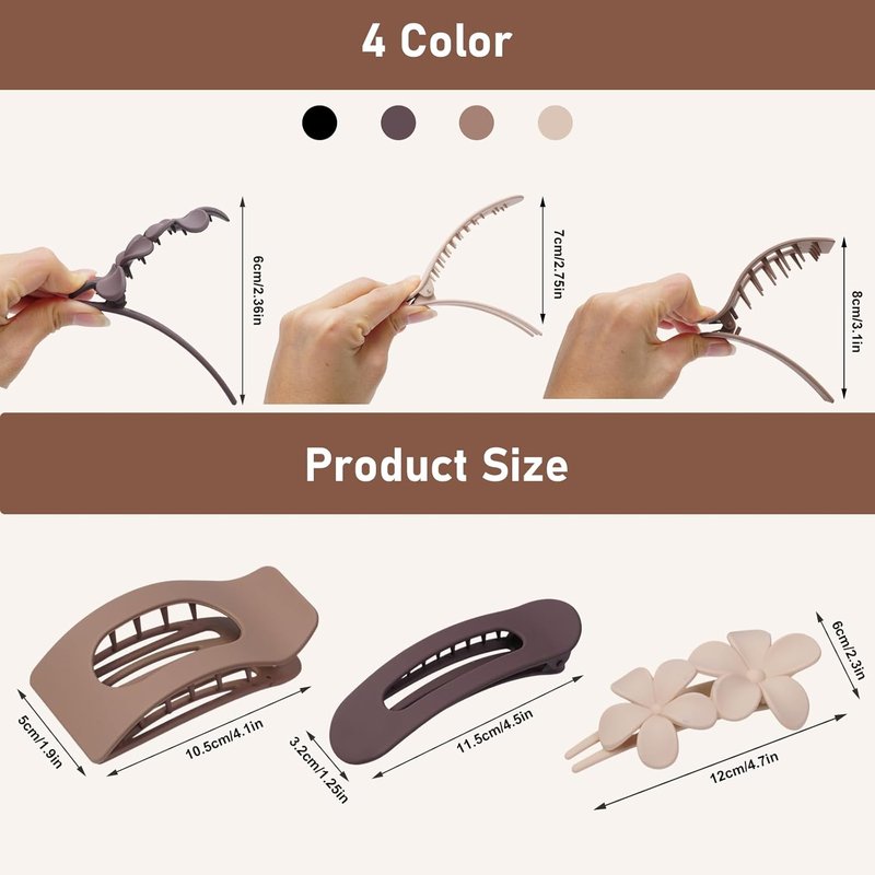 Flat Hair Clips for Women - 12 Pack Matte Neutral Square Claw Clips | Soft Touch Barrettes & Flower Pins in Black, Blonde, Brown