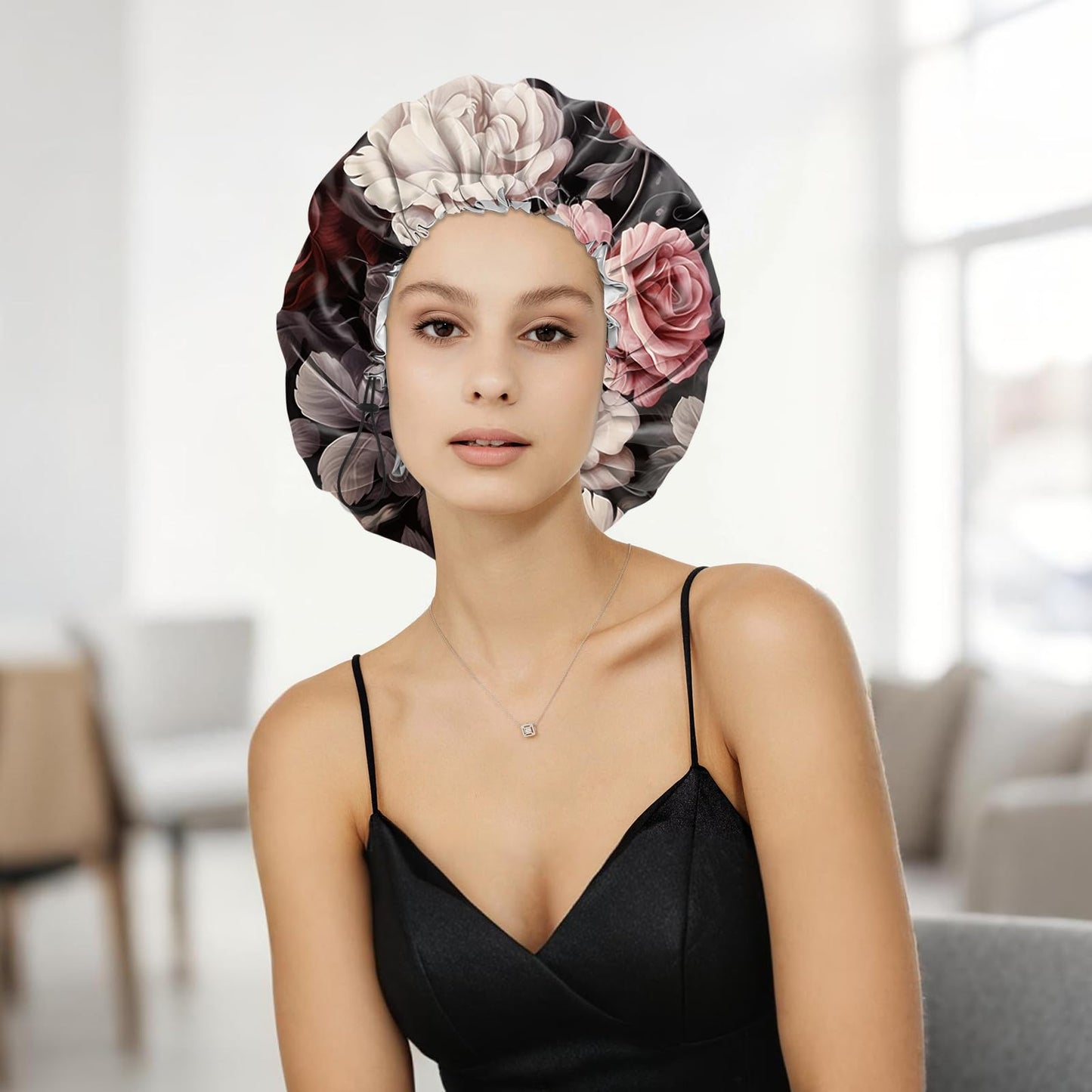 Zewurtuw Shower Cap Adjustable Waterproof Double Layer Elastic Reusable Hair Bath Cap Cute Aesthetic for Women Girls-Rose
