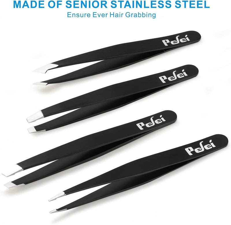 Pefei Tweezers Set - Professional Stainless Steel Eyebrow Tweezers for Precision Hair Removal | Black