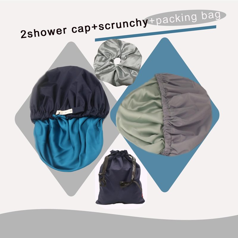 Genergy 2pcs Shower Cap for Women,Including Travel bag and Scrunchy. Frizz-Free Silky Liner, Waterproof Reusable Large Bath Bonnet for Short and Long Thick Hair, Soft Adjustable Elastic, Non-slip.