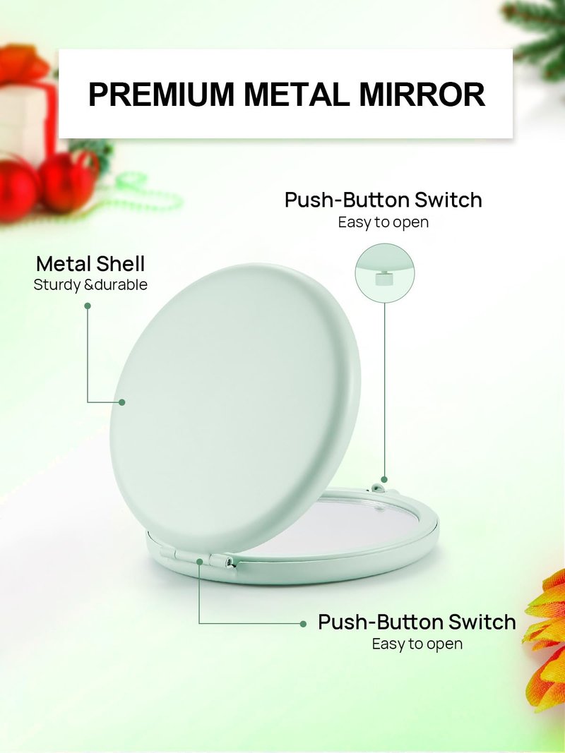Getinbulk Compact Mirror for Purse, Double-Sided 1X/2X Magnifying Metal Pocket Makeup Mirrors(Round, Cyan)
