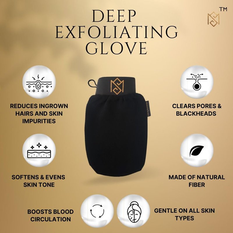 Exfoliating Glove Kessa Mitt Body Scrubber – Dead Skin Remover Shower Glove for Deep Pore Cleansing, Black Soap, and Moisturizer by Moroccan Source – 3 Piece Spa Set Kit