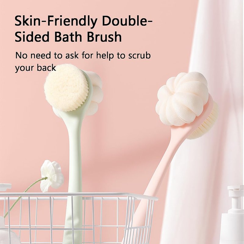 2 PCS Bath Brush Long Handle for Shower, Back Scrubber for Shower, Reversible Loofah Back Shower Brush for Men and Women (Pink)