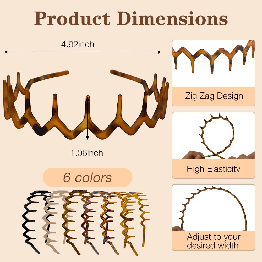 Zig Zag Headbands for Women - Non-Slip Hair Bands | 6 Pack, Retro Style, Perfect for Daily Wear and Sports
