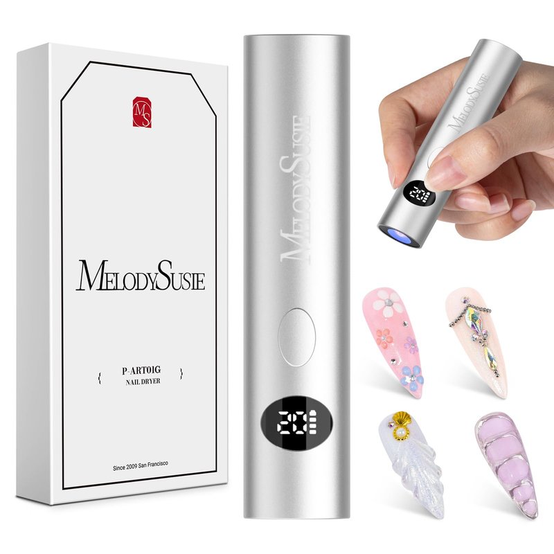 MelodySusie Handheld Cordless UV Nail Lamp with LCD Display & Optical Lens, P-Art01G Rechargeable Mini UV LED Light Flash Cures All Soft Gels, Especially Rhinestone Glue & Liner Gel Silver