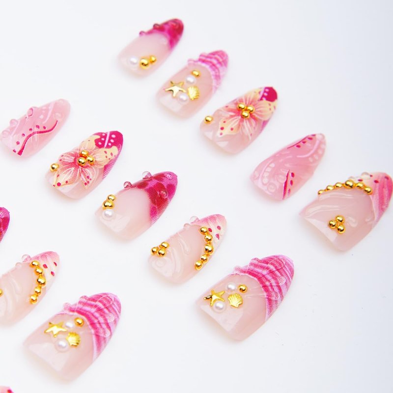 Skiennix French Tip Press-On Nails - Almond Shape with 3D Floral Seashell Design | 24 Reusable Acrylic Nails for Women