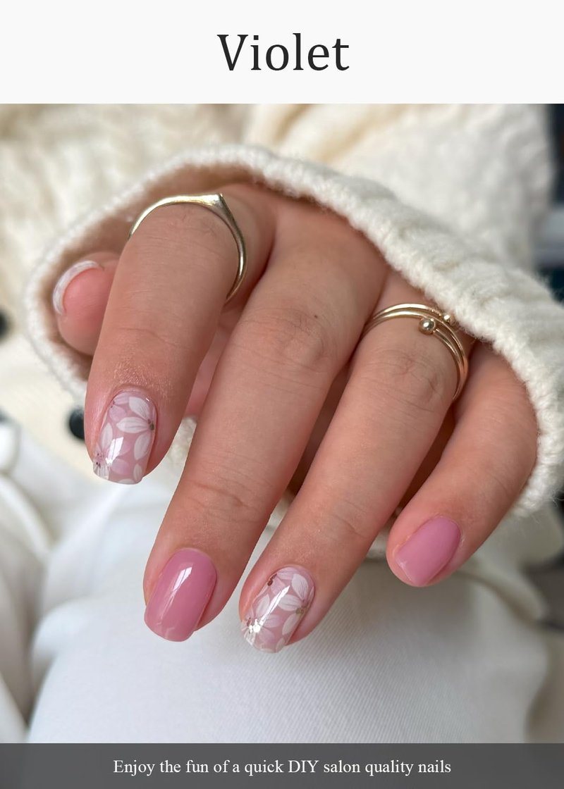 AutyaMee Semi Cured Gel Nail Strips (Violet), Pink Flower, 20 Pcs Gel Nail Wraps, Stickers, Salon Quality, Long Lasting, Works with Any UV Lamps