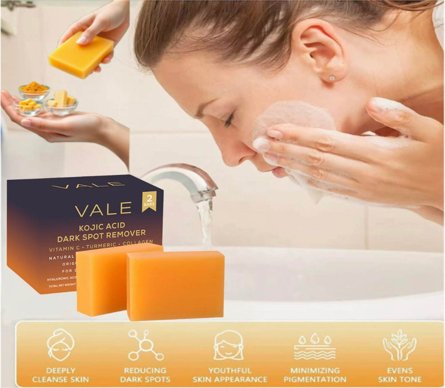 VALE Kojic Acid & Turmeric Soap Bars (1-Pack) – Natural Dark Spot Remover & Original Japanese Complex with Vitamin C, E, Collagen, Hyaluronic Acid, Retinol, Olive Oil & Shea Butter(Citrus)