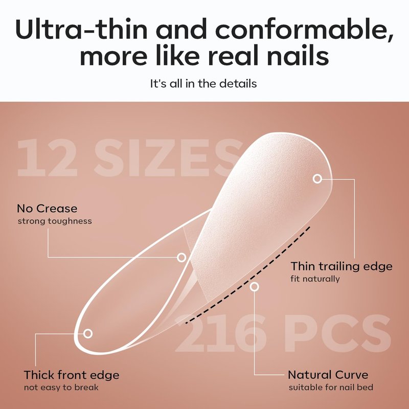 modelones X Nail Gel Kit Short Almond, 9-in-One Nail Glue with Mini UV Light 216Pcs 12Sizes Pre-Etched Press ons Fake Acrylic Extension Kit DIY Salon Gift for Women