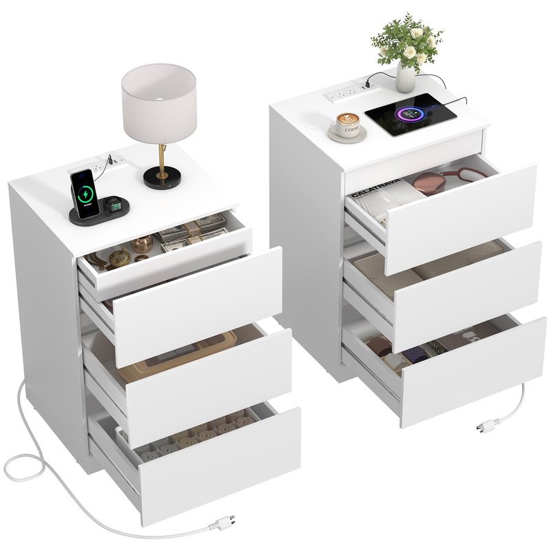 Nightstand Set of 2, 4 Drawers, 26" H with Hidden Drawer, Bedside Table with Charging Station, Modern Night Stand for Bedroom, White