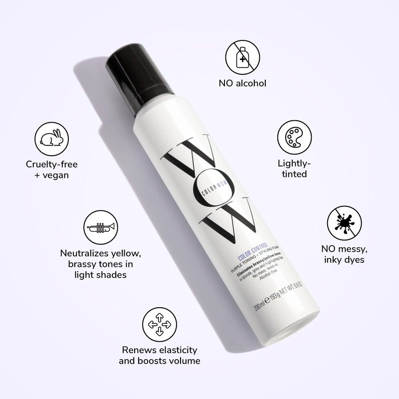 COLOR WOW Color Control Purple Toning + Styling Foam – Instantly rids Blonde & Gray hair of brassy, yellow tones, Alcohol free, crunch free styling
