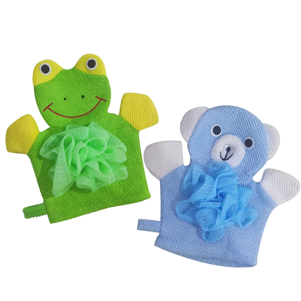 Kids Bath Gloves Loofah for Kids 2 Pack Glove Body Scrubber for Shower Animal Body Wash Gloves, Easy to Lather (Bear Frog)