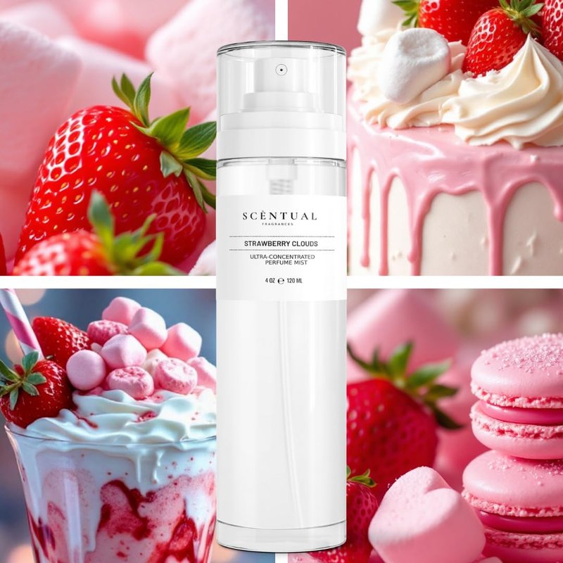 Scentual Fragrances, Ultra-Concentrated Hair & Body Perfume Mist, Long Lasting Women's Fragrance, Gourmand Perfumes for Women, Vegan and Cruelty Free (Strawberry Clouds)