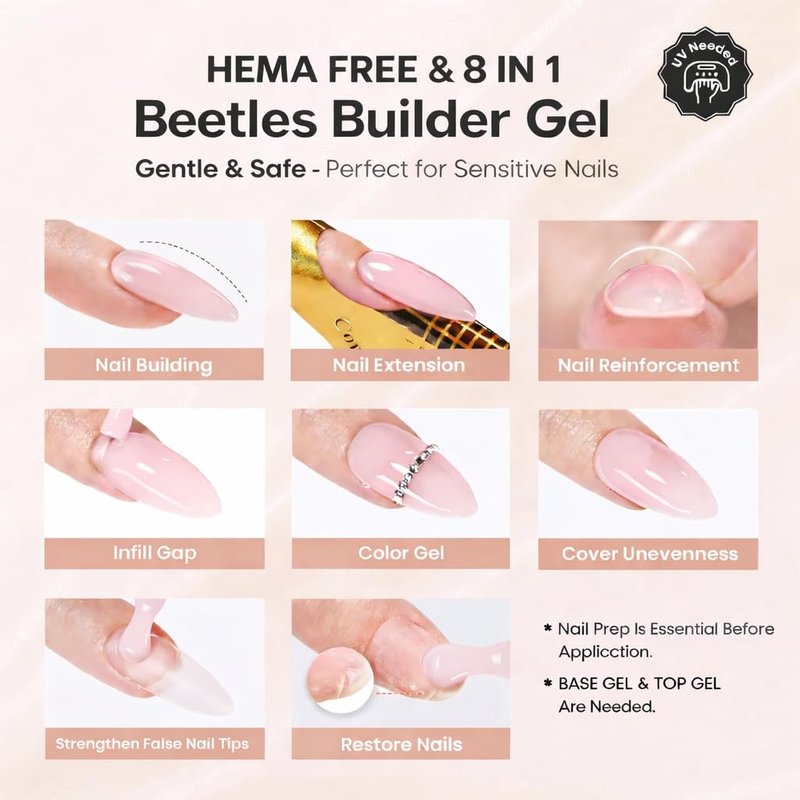 Beetles Builder Gel Nails Kit - HEMA Free 8-in-1 Clear Natural Nude Gel with Handheld Nail Lamp | Perfect for DIY Salon Use