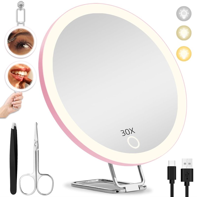 Skiennix 30X Magnifying Makeup Mirror - Lighted 6-Inch Travel Mirror with 3 Suction Cups & 360° Adjustable Stand | Includes Tweezers & Scissors