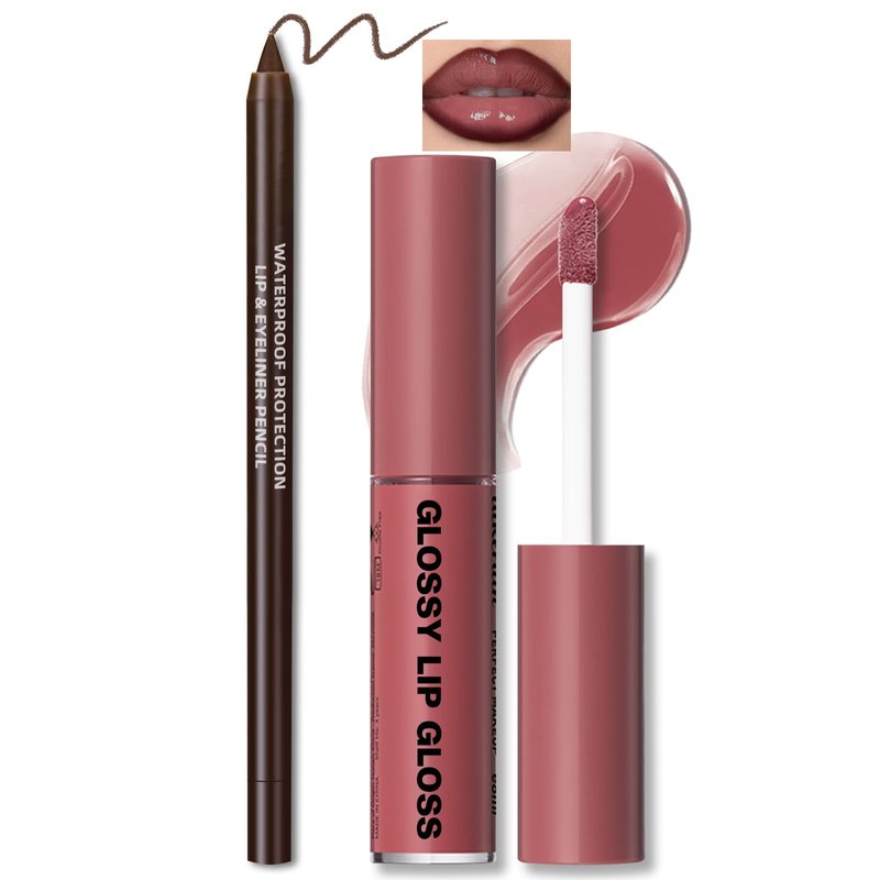HOSAILY Nourishing Lip Gloss Moisturizing High Shine Fresh Lightweight Glossy Plumping Lip Combo for Women, Long Wear Lip Glow Oil with Brown Lip Liner Set Non-Sticky Liquid Lipstick Makeup#12