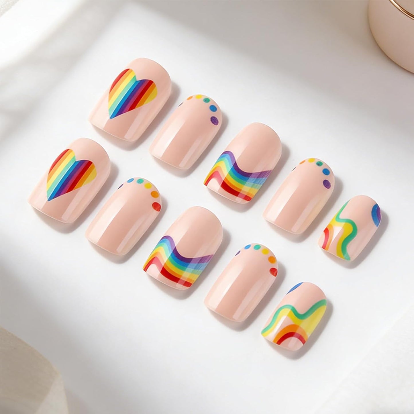 Skiennix Rainbow Stripe Press-On Nails - Colorful Heart Polka Dot Design | Short Square, 24 Pcs