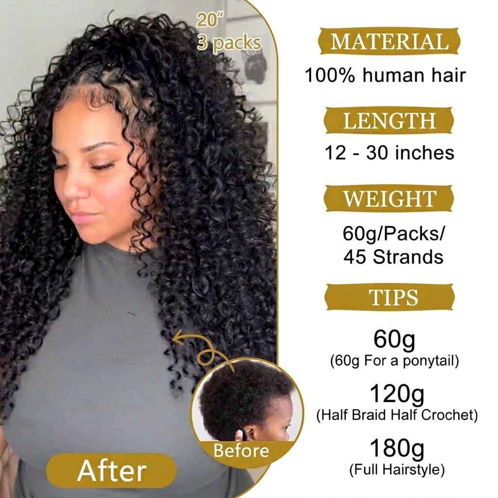 VIPbeauty Burmese Curly Crochet Hair Extensions - 12 Inch, 60g Knotless, Lightweight Remy Hair in Natural Black