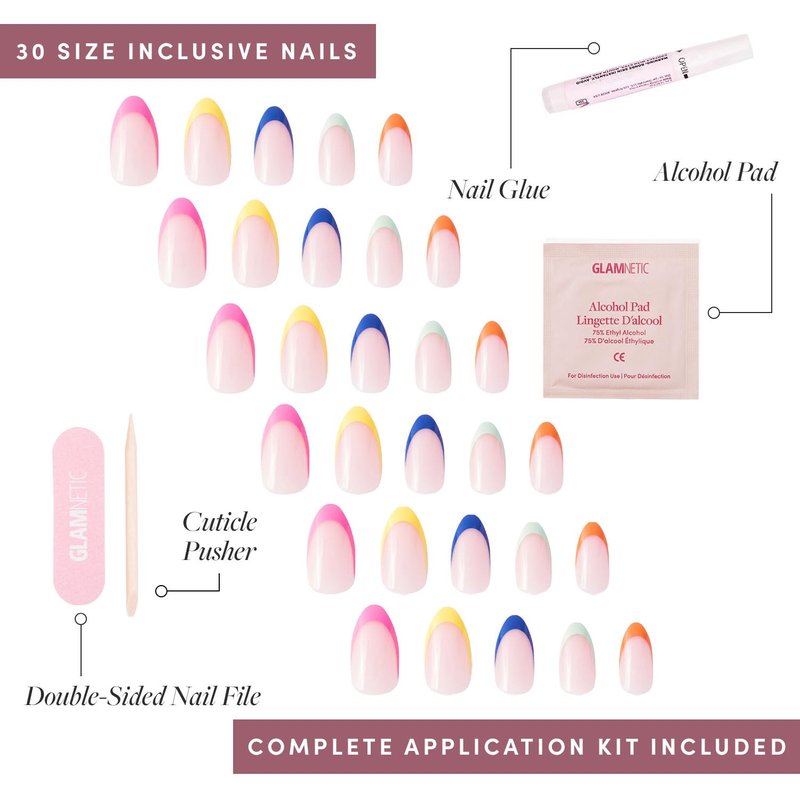 Glamnetic Press On Nails - Sprinkles | Rainbow French Tip Fake Nails, UV Finish Short Pointed Almond Shape, Salon Quality Semi-Transparent Nails in 12 Sizes - 24 Nail Kit with Glue