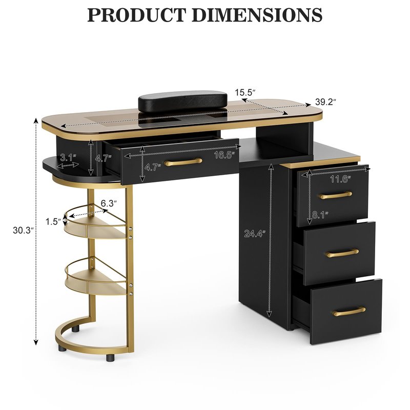 Paddie Manicure Table for Nail Tech, Glass Top Nail Desk Station w/4 Drawers & 2-Tier Storage Shelves, Salon Beauty Workstation Acetone Resistant w/Wrist Cushion, Golden Handles (White)