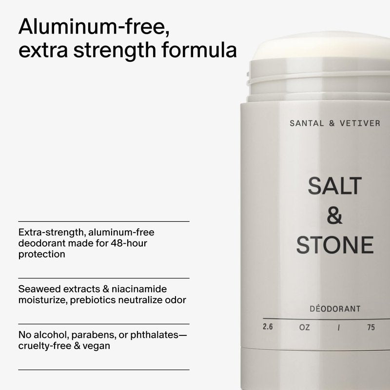 Salt & Stone Aluminum Free Deodorant | Extra Strength 48 Hour Protection for Women & Men | Made with Seaweed Extracts, Niacinamide & Prebiotics | Santal & Vetiver