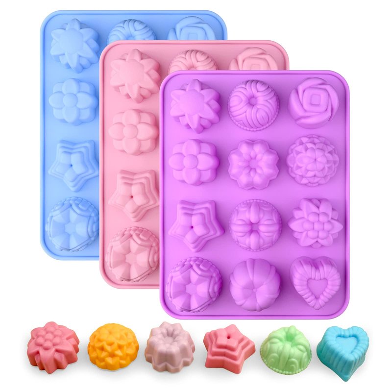 Sakolla 3 Pack Flower Soap Molds, 12 Cavities Different Shapes Silicone Molds for Soap, Lotion Bar, Bath Bombs, Chocolate, Candy