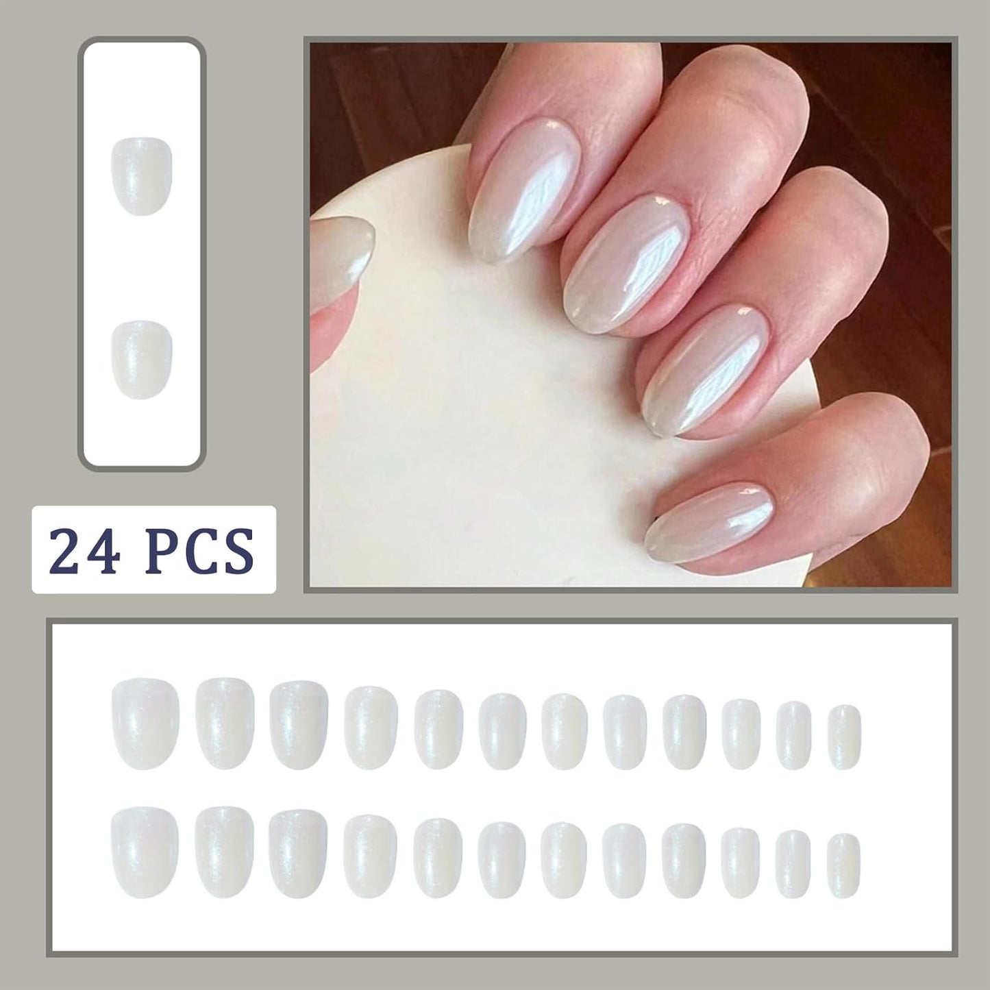 Skiennix White Chrome Press-On Nails - Short Almond Shape, Glossy Full Cover, 24 Pcs for Stunning Manicure