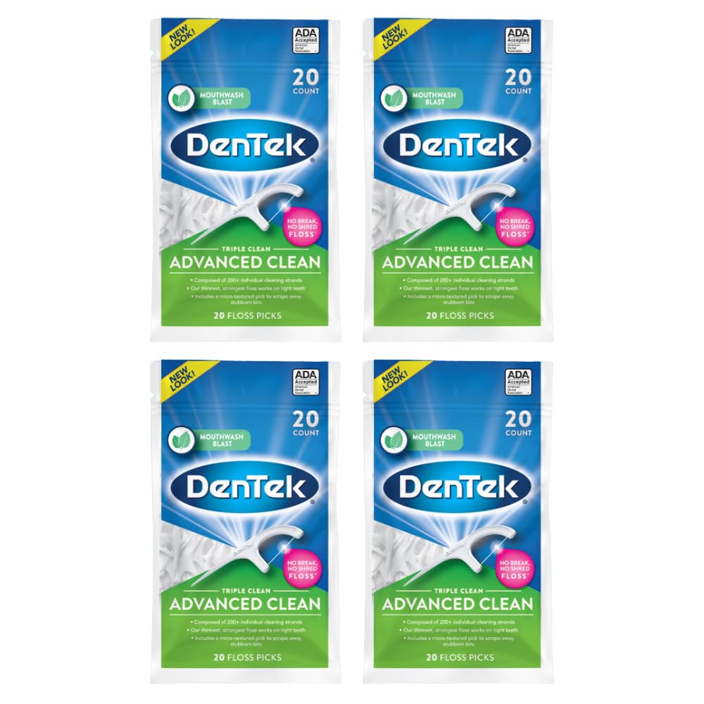 DenTek Triple Clean Advanced Clean Floss Picks, No Break No Shred Floss, Dental Flossers for Plaque Removal, Mouthwash Blast, Oral Care, 20 Count (Pack of 4)