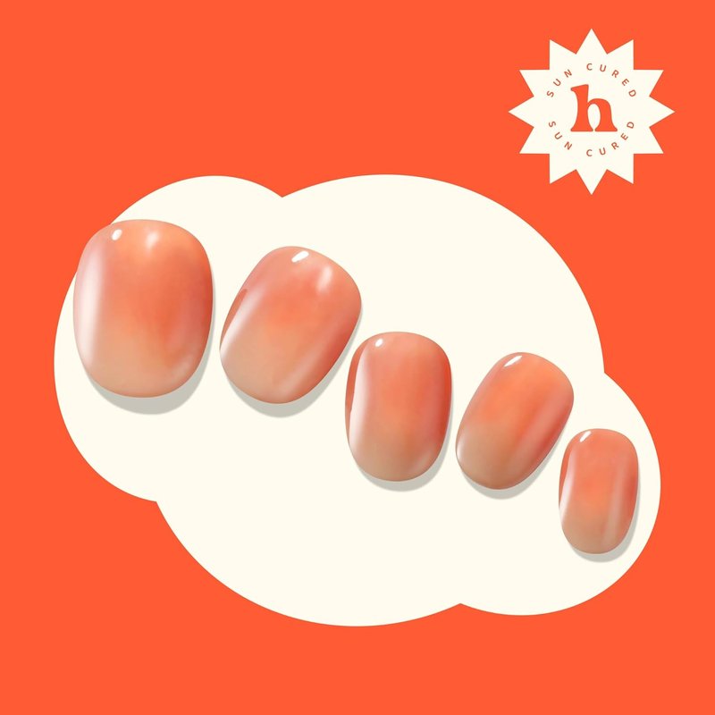 Heyhae Semi Cured Gel Nail Strips - Ombre Orange Spring Design | No LED Lamp Needed | Salon Quality | 28 Strips, Prep Pads & Nail File Included