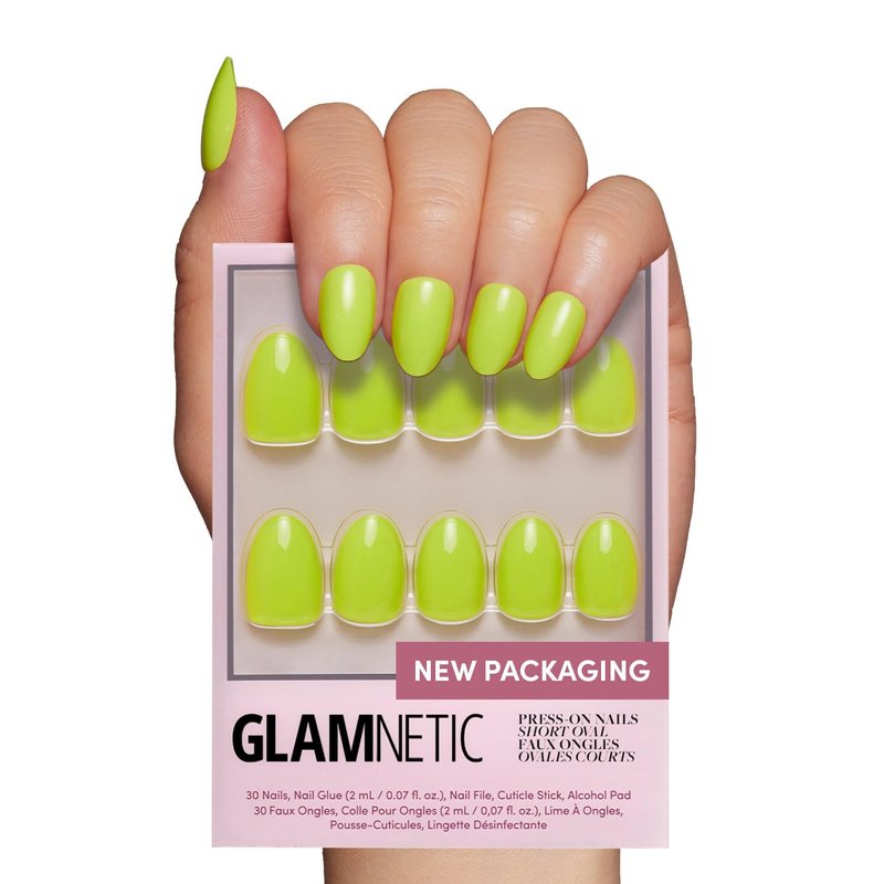 Glamnetic Press On Nails - Neon Lime Green Short Oval | Salon Quality 30 Nail Kit in 15 Sizes