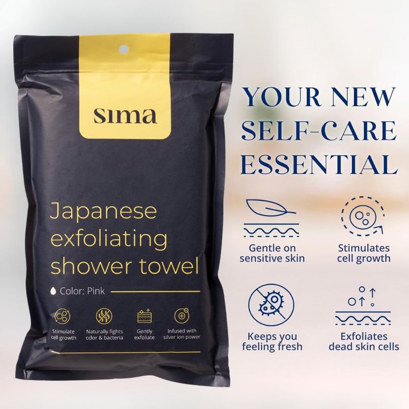 Sima Brand Exfoliating Washcloth Face & Body Scrub Towel - Japanese Exfoliating Towel with Hexagon Fibers, Body Scrubber with 2 Sides for Scrubbing & Washing, Extra Long Body Towels (Pink)