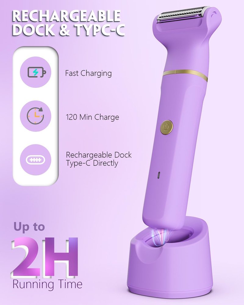 Bikini Trimmer for Women - Painless Electric Razors-Cordless Body Shaver for Trip,Replaceable Lady Facial Razor, IPX7 Waterproof&Easy Cleaning, Ceramic Blade, USB Charge Purple