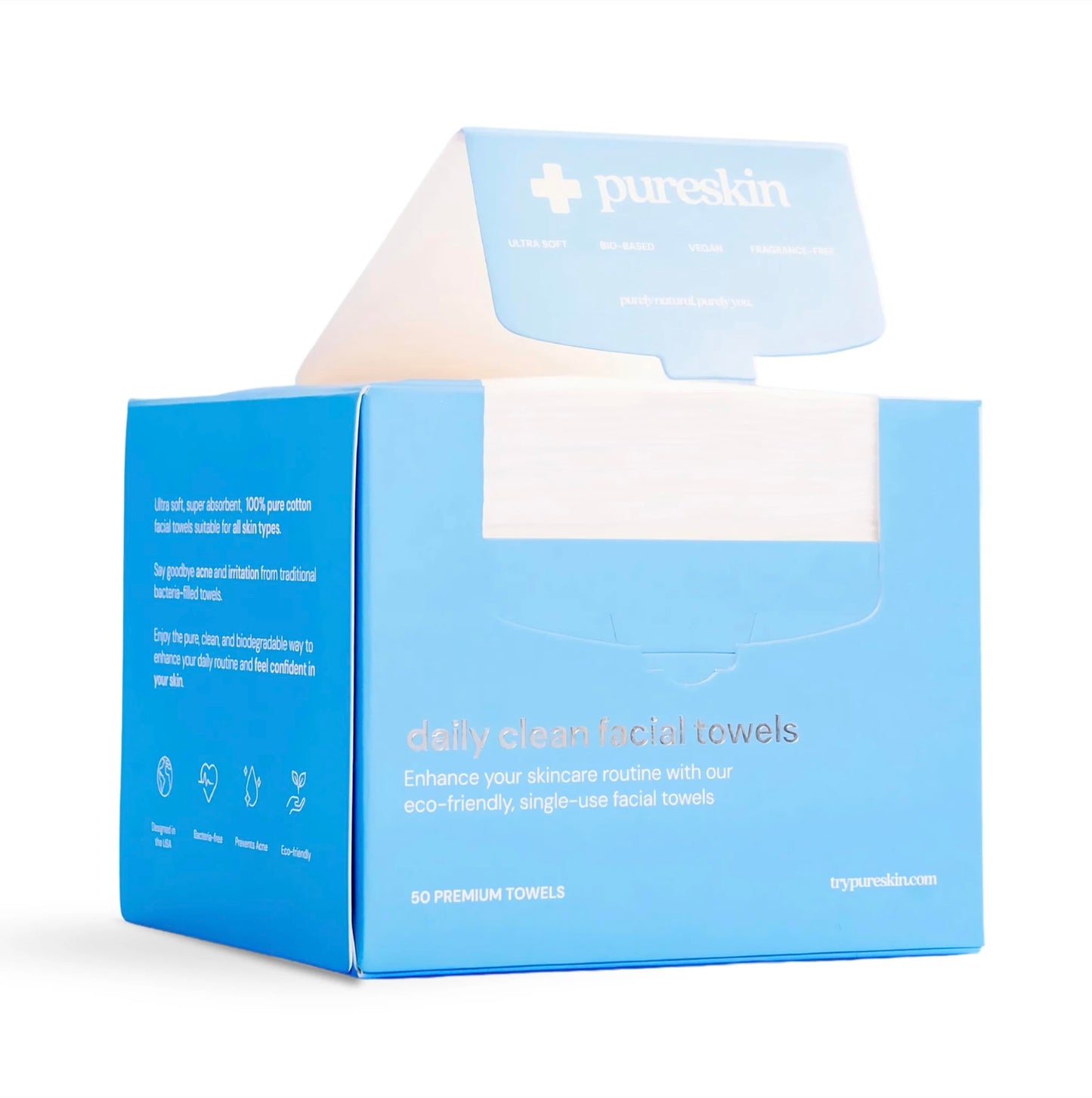 pureskin Daily Clean Facial Towels, 100% Biodegradable Pure Cotton, Premium Disposable Face Towels, Clinician Recommended, Ultra Soft, Suitable for All Skin Types, 50 count