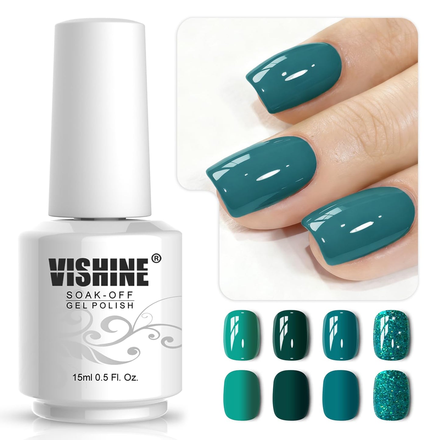 Vishine Gel Nail Polish Kit - 4 Colors Including Glitter Green Sparkle | 15ml for DIY Nail Art