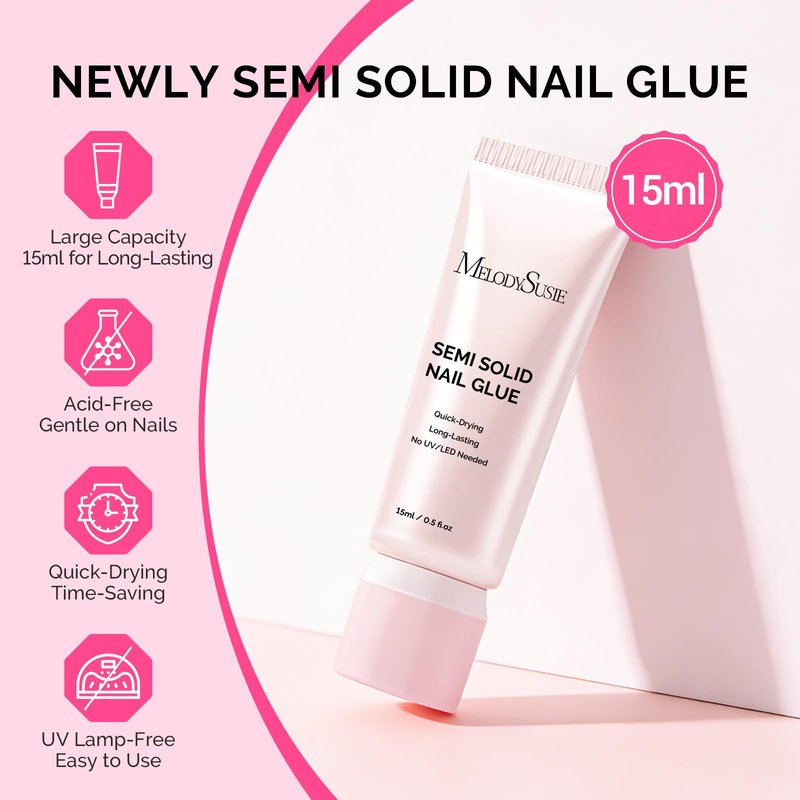 MelodySusie Super Strong Nail Glue, Semi Solid Nail Glue Press On Nails, Quick Drying, No UV Lamp Needed, Long Lasting, Nail Glues DIY Home Salon Manicure 15ml