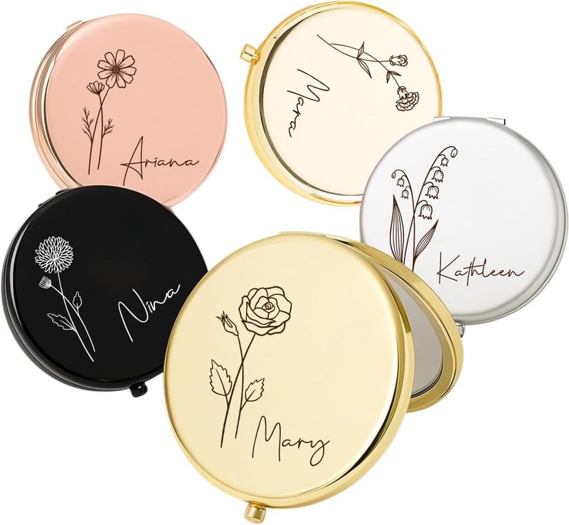 Personalized Travel Mirror - Birth Flower & Name | 2x/1x Magnifying Small Cosmetic Gift for Bridesmaids, Mothers, Graduates