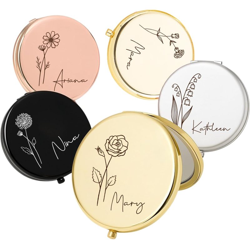 KeenlyMade Personalized Compact Travel Mirror with Birth Flower and Name, 2x/1x Magnifying Portable Mirror, Small Cosmetic Makeup Mirror Gift for Bridesmaid, Mother, Graduation, Nurse