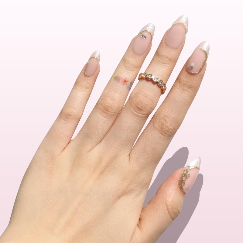 Nail Reformation Press On Nails, French Tip Nude Medium Almond Fake Nails with Pearl & Sparkling Gems in Glossy Finish, Salon Quality, Reusable Stick On Nails in 15 Sizes - 30 Nail Kit for Women Gifts